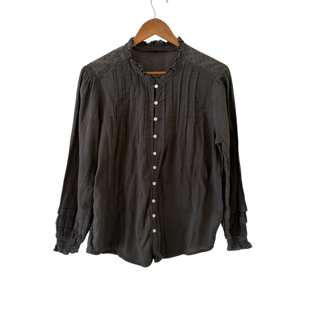 Quince Organic Cotton Peasant Blouse Womens L Gray Ruffle Button Top Cottagecore
